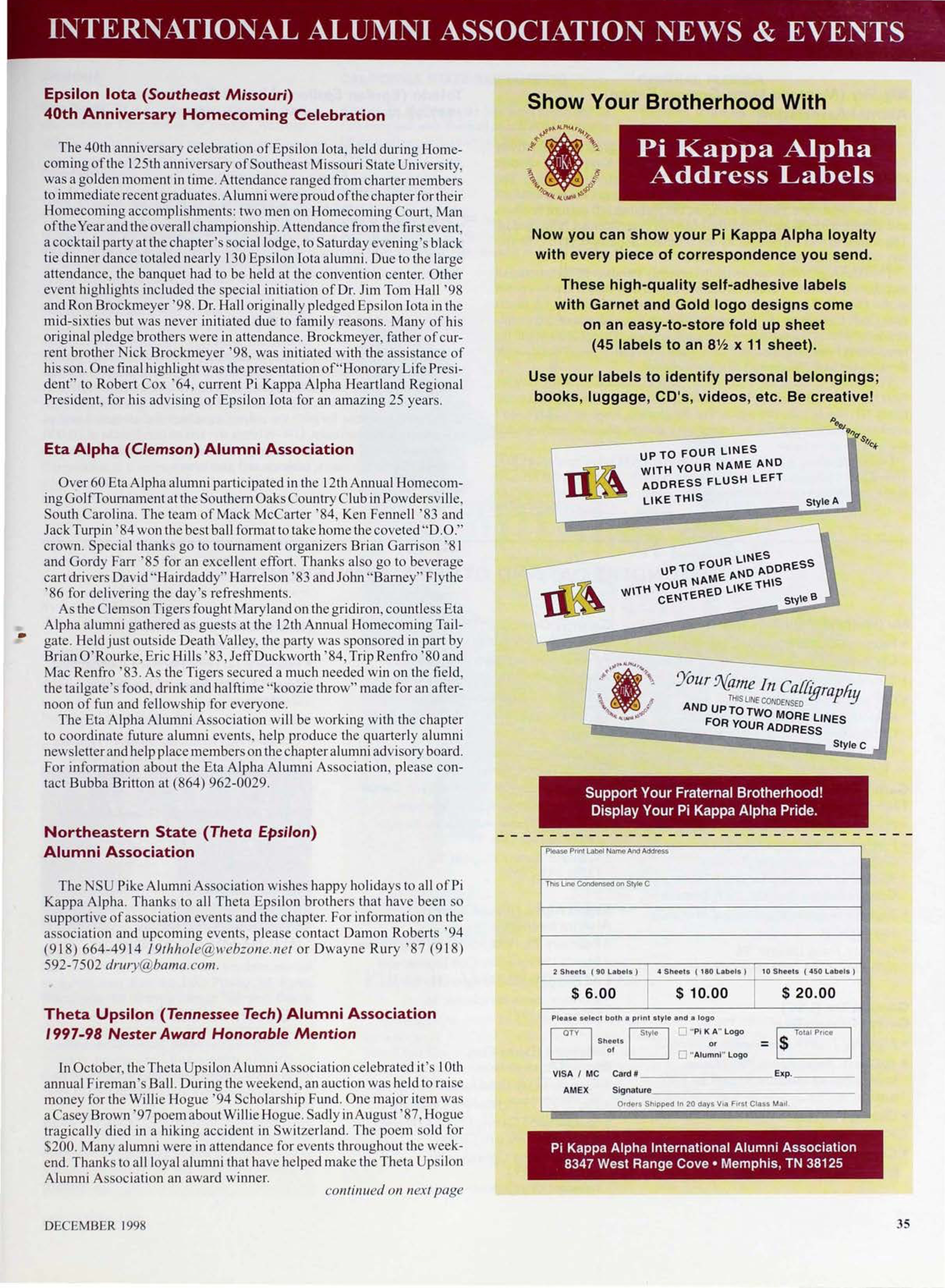 Pi Kappa Alpha Address Labels